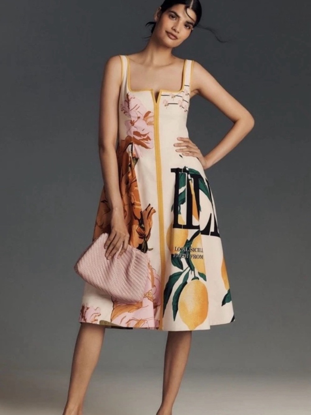 Anthropologie Maeve floral lemon Print Sleeveless A-Line Dress in Cream